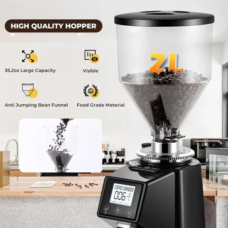 Electric Coffee Grinder Flat Burr Grinder Coffee 19 Settings & Digital Timer Display Commercial Espresso Grinders