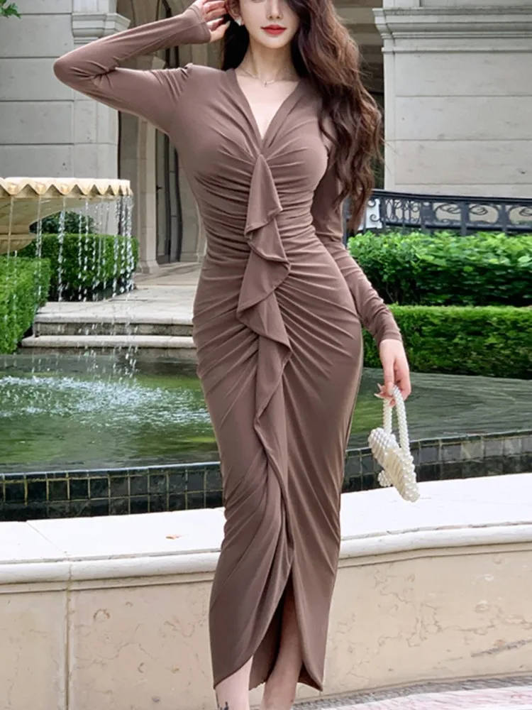 

Women Fashion Elegant Bodycon Ruffle Dress Vintage Sexy Slim Casual Party Long Dresses Female Evening Club Vestidos Mujers