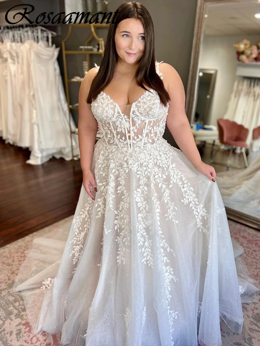

Plus Size Spaghetti Straps Illusion Wedding Dresses A-Line Sleeveless 3D Floral Lace Bridal Gowns Robe De Mariée
