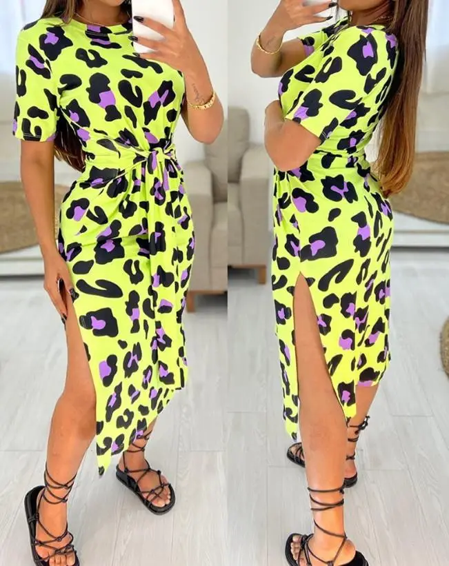 

Women's Fashion Dress Pink Leopard Print Tied Detail Slit Long Dress 2024 Latest Style Round Neck Short Sleeve Daily Tight Dress