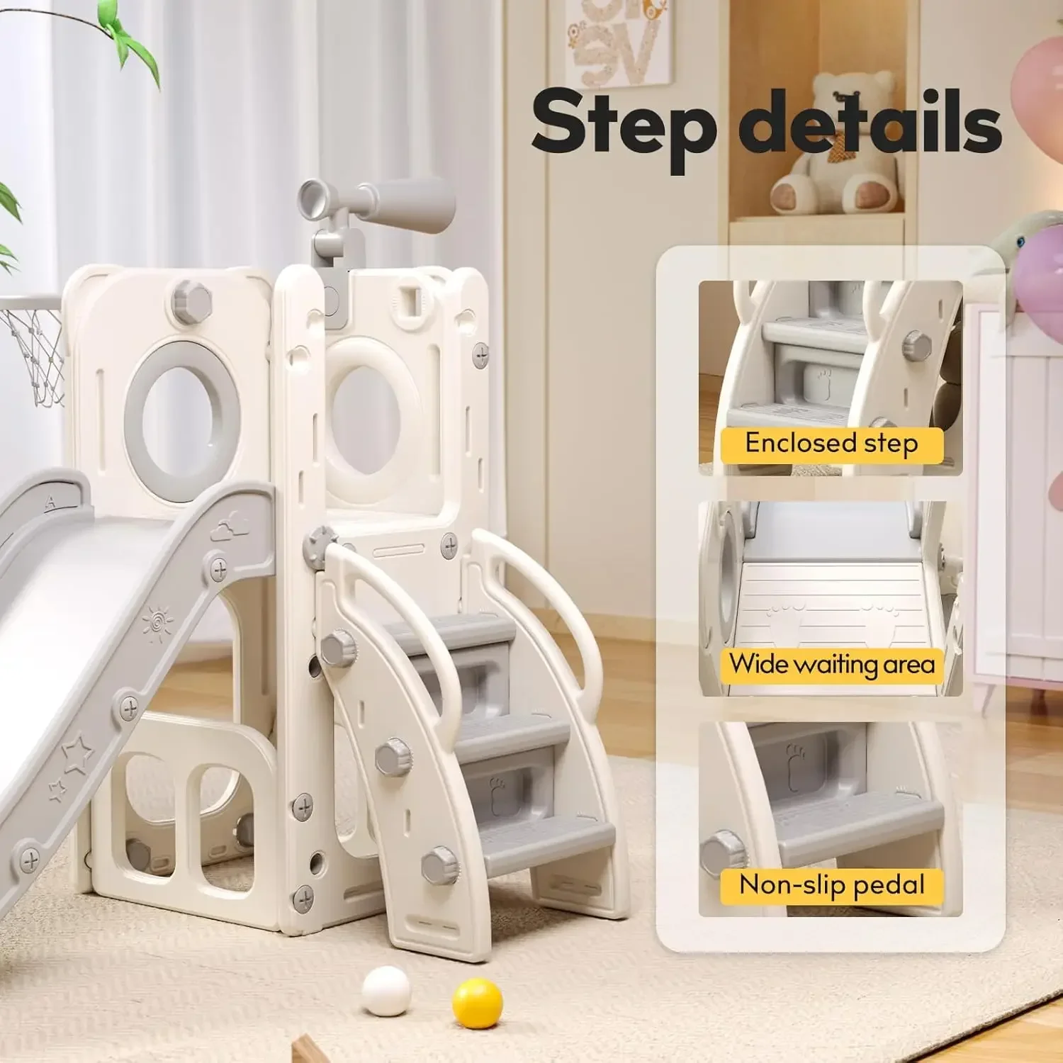 6 in 1 Toddler Playset with Slide,Toddler Slide,Slide for Kids with Basketball Hoop,Ball,Ring Toss,Kids Slide Toddler Playground