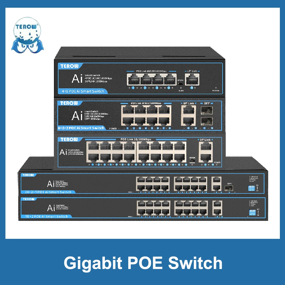 Terow Poe Fast Network Ethernet Switch Vlan para Câmera ip Câmera de Segurança Cctv 18 16 20 10 12 Portas Gigabit Switch
