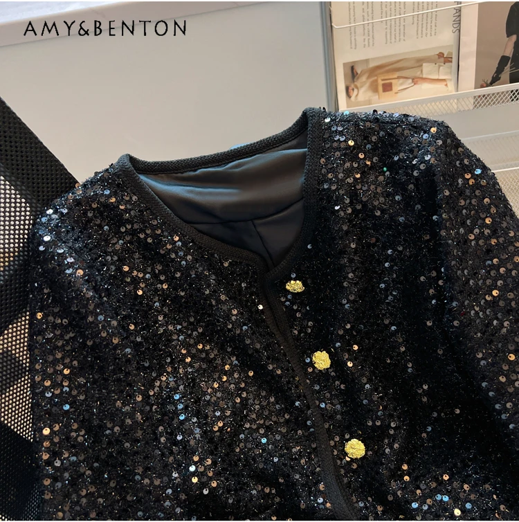 French Style Temperament High-Grade Sequined Single Breasted Short Jackets Spring New Loose Slim Round Neck Fashion Elegant Coat