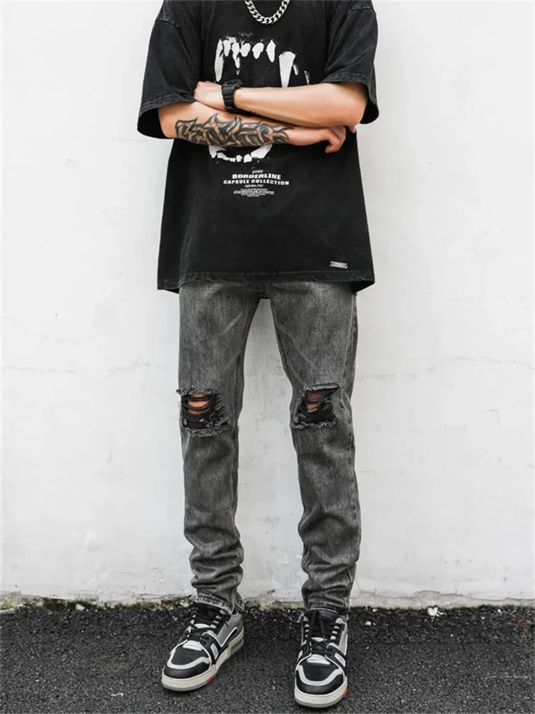 Pantalones vaqueros ajustados rasgados para hombre, pantalones vaqueros ajustados, elásticos grises, desgastados, ropa informal estilo Hip Hop, ropa para hombre, pantalones vaqueros para Moto para hombre