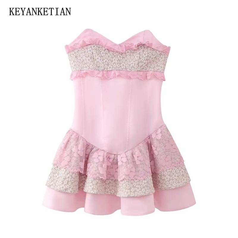 

KEYANKETIAN 2024 New Launch Floral Embroidered Lace Tiered Breast Wrap Mini Dress Slim Backless Fairy Sweet Women's Party Dress