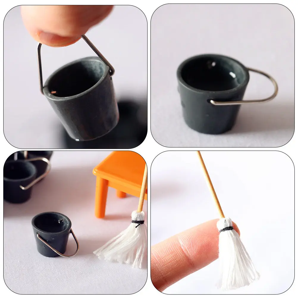5세트 미니 버킷 걸레 세트, 사실적인 소형 주택 가구 액세서리, 미니어처 풍경 장식, 사진 소품, 청소용품