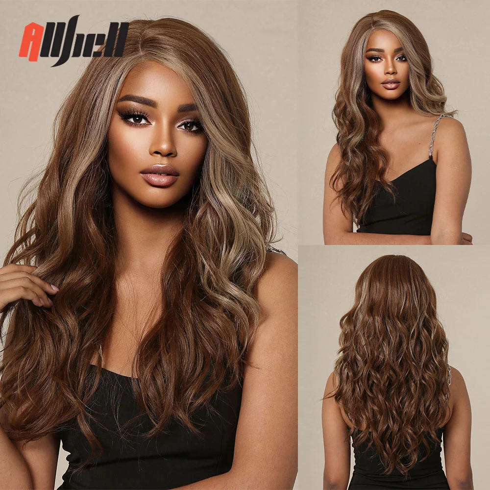 

Long Wavy Synthetic Lace Wigs Brown with Ash Highlight Wig for Women Afro Side Part Lace Front Hair Daily Use Heat Resistant Wig