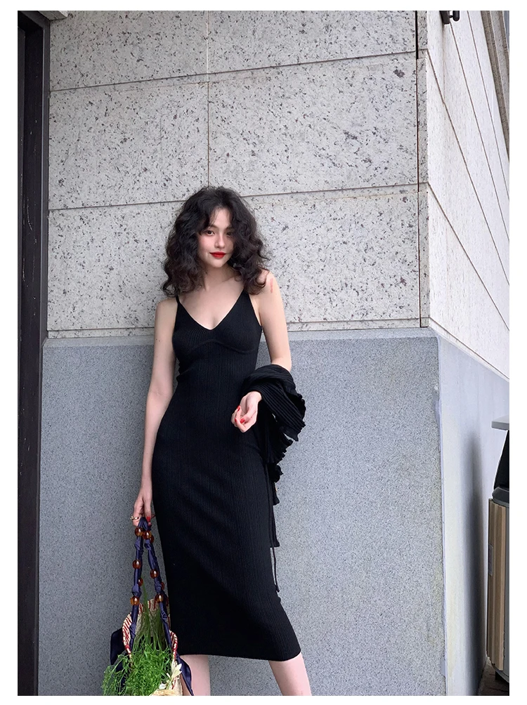 Vintage Chic Knitted 2-piece Dress Set Women Crop Cardigan V-neck Spaghetti Strap Bodycon Midi Dress Autumn New Female Clothing