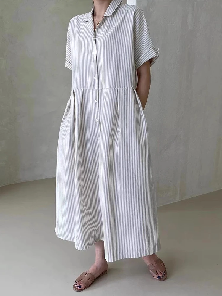 

SuperAen 2024 корейское летнее винтажное дизайнерское свободное платье-рубашка с коротким рукавом и воротником-стойкой