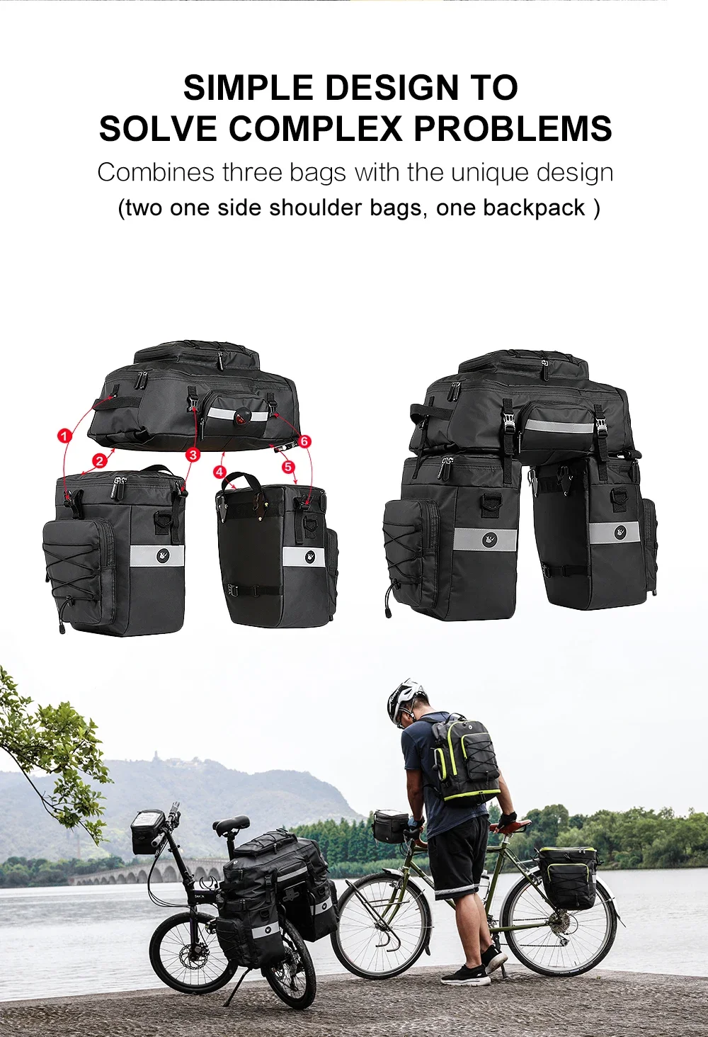 Description Picture 3 of itemRhinowalk Bike Pannier Bag 3 in 1 65L Big Capacity with Rain Cover Cycling Rear Rack Seat Trunk Bag for Mtb&Road Folding Bicycle