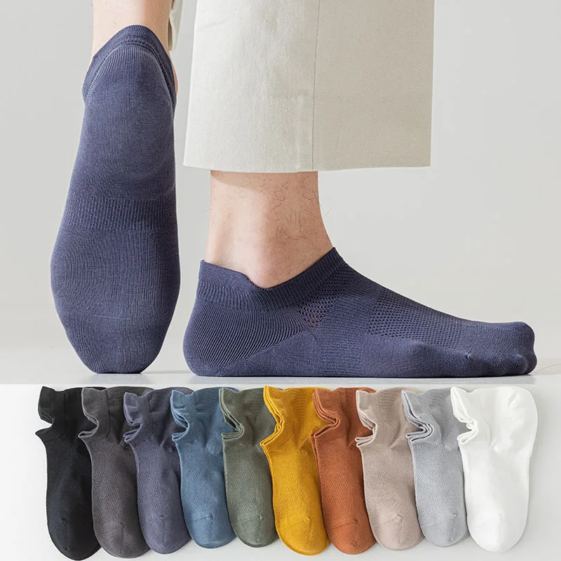 10PairMensPureCottonAnkleSocksBreathableMeshBoatSocksSummer
