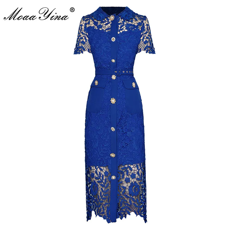 

MoaaYina Fashion Designer dress Summer Women's Dress Turn-down Collar Short Sleeve Single Breasted Hollow Out Lace-up Dresses