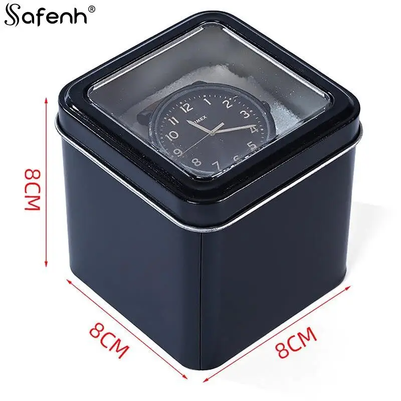 8CM Square Black Watch Organizer Box Show Holder Tinplate Can Metal Sealed Jewelry Gift Box Display Case With Cushion for Watch Storage Box