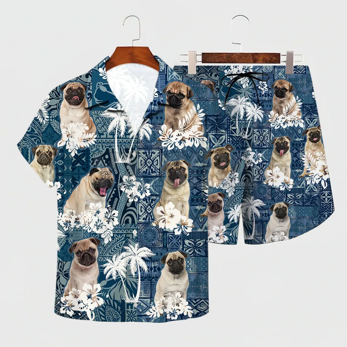 

Pug Hawaiian Se 3D All Over Printed Hawaii Shirt + Beach Shorts Men For Women Funny Dog Sunmmer Clothes