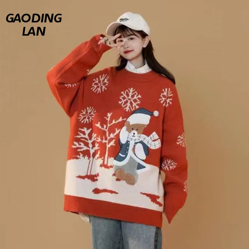 

Зимний женский свитер GAODINGLAN с длинным рукавом с мультяшным рождественским принтом медведя, большой размер, свободный плотный теплый вязаный пуловер, универсальный топ