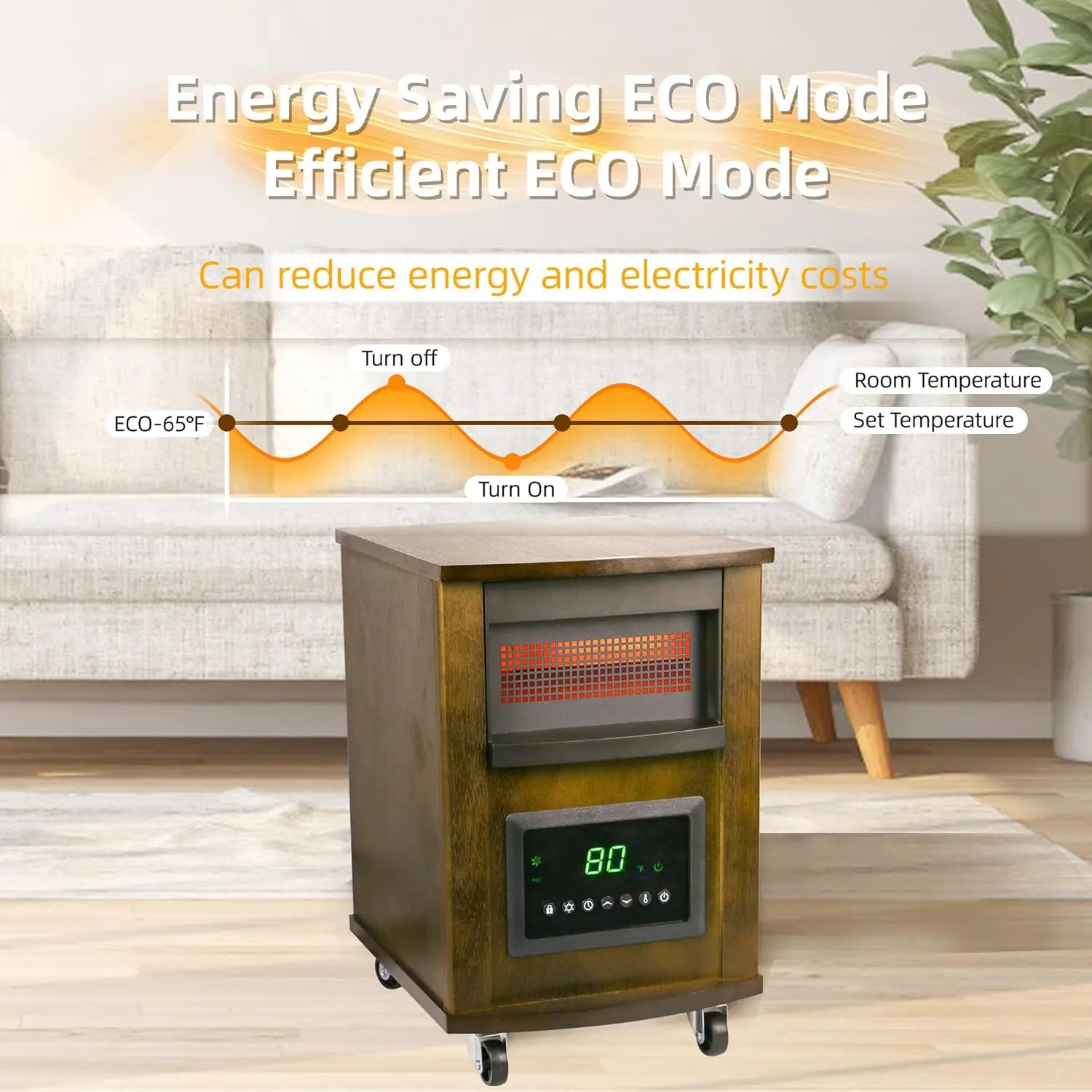 1500W Space Infrared Heaters for Indoor Use Large room Electric Quartz Heater with Remote Control Wheels LCD Display 3 Heating