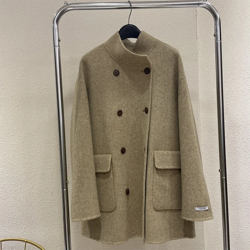 

New Womrn Double-sided Cashmere Wool Coat Casual Loose Stand Collar Autumn Winter Warm Double-breasted Woolen Coat Thick Female