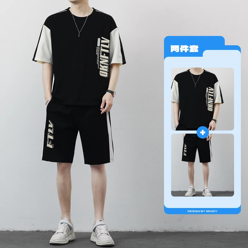 

New Summer Men's trend of loose-fitting fashion brand short-sleeved T-shirt sportswear suit five-sleeve two-piece set