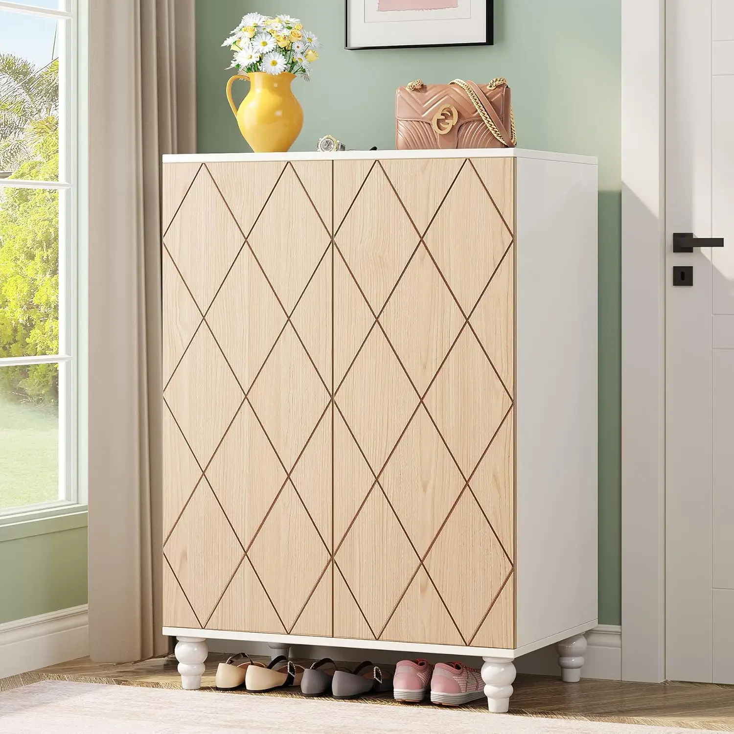 

Shoes Organizer Cabinet w/ Adjustable Shelves & Solid Wood Legs, Storage Cabinet w/ Door, 7-Tier Wooden Shoes Rack for Entryway