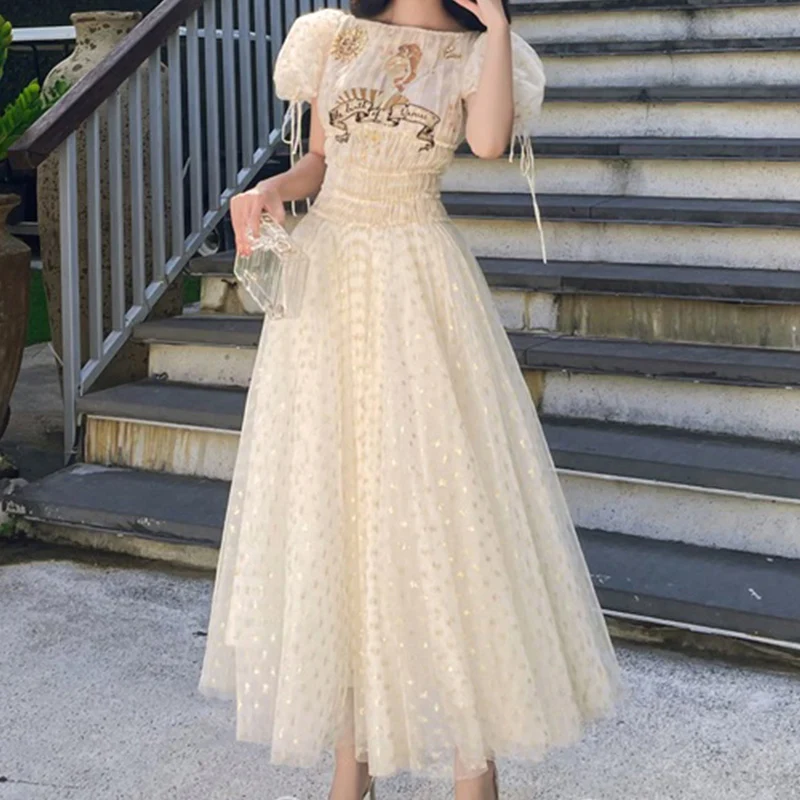 

Женское Сетчатое платье с вышивкой, элегантное облегающее винтажное платье с цветочной вышивкой, уличная одежда с пышными рукавами, роскошное праздничное летнее платье, 2023