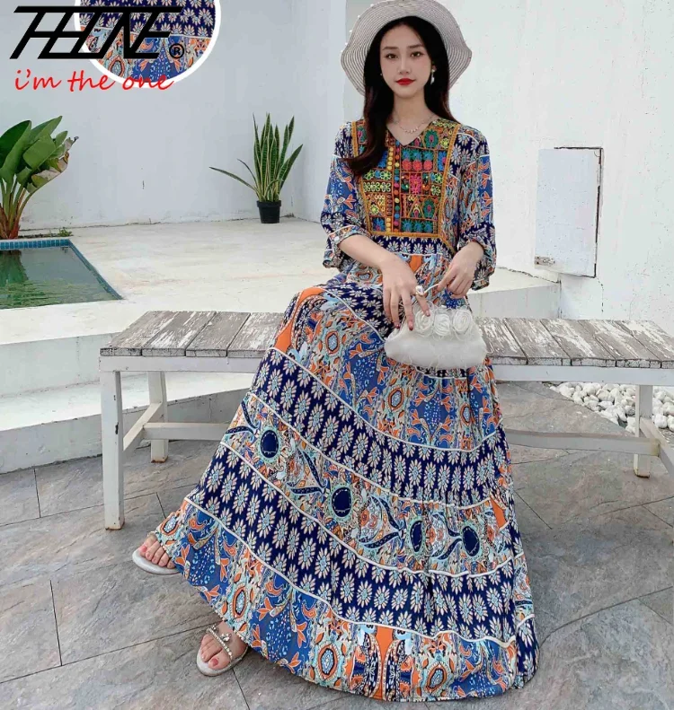 Robe Brodée Vintage Naqui Inde - Style Boho Hippie Tunique - Taille L - Multicolore