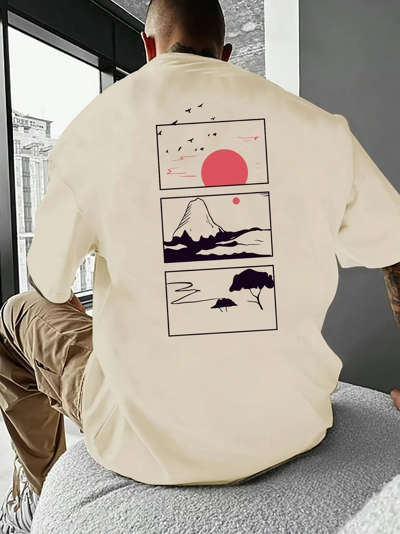 Japanisches Mount Fuji Sunrise Herren-T-Shirt mit Landschaftsmuster, großes Baumwoll-Kurzarm-Oberteil, Sommer-Streetwear – Detail 4