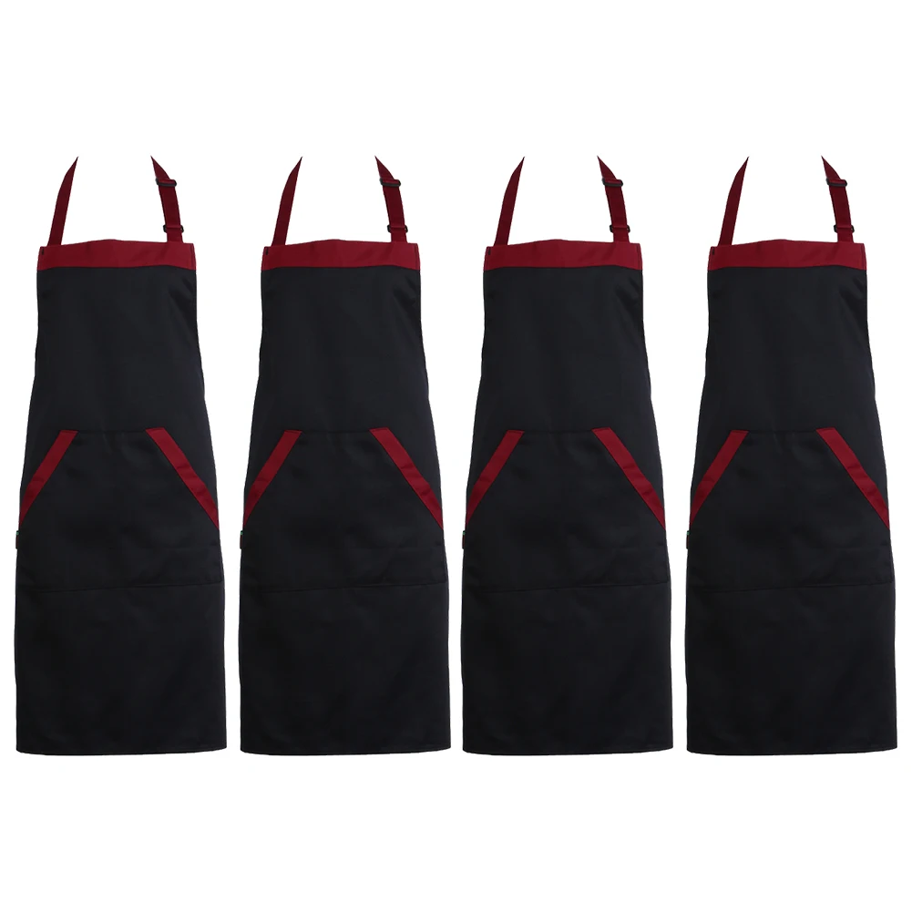 4Pcs Cooking Apron with 2 Pockets Restaurant Apron Black Red Kitchen Bib Food Service Apron for Hotel Restaurant Kitchen