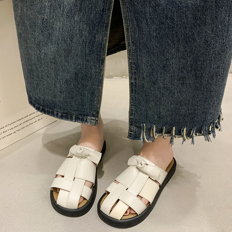 

2024 Office Slippers, Women Wear A Slip-on Summer New Baotou Black, Silver Woven Semi-drag Casual Sandals