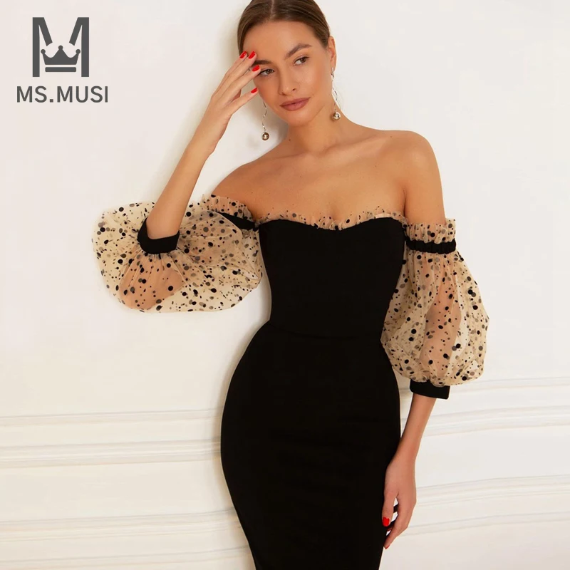 

MSMUSI 2022 New Fashion Women Off The Shoulder Dot Lace Long Sleeve Knee Length Bandage Party Club Bodycon Midi Dress Vestidos