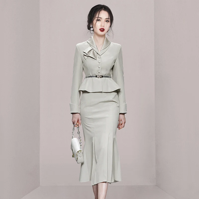 

High Quality Autumn Ladies Office 2 Piece Set Women Notched Pearl Button Ruffles Belt Coat + Long Bodycon Mermaid Skirt Suits