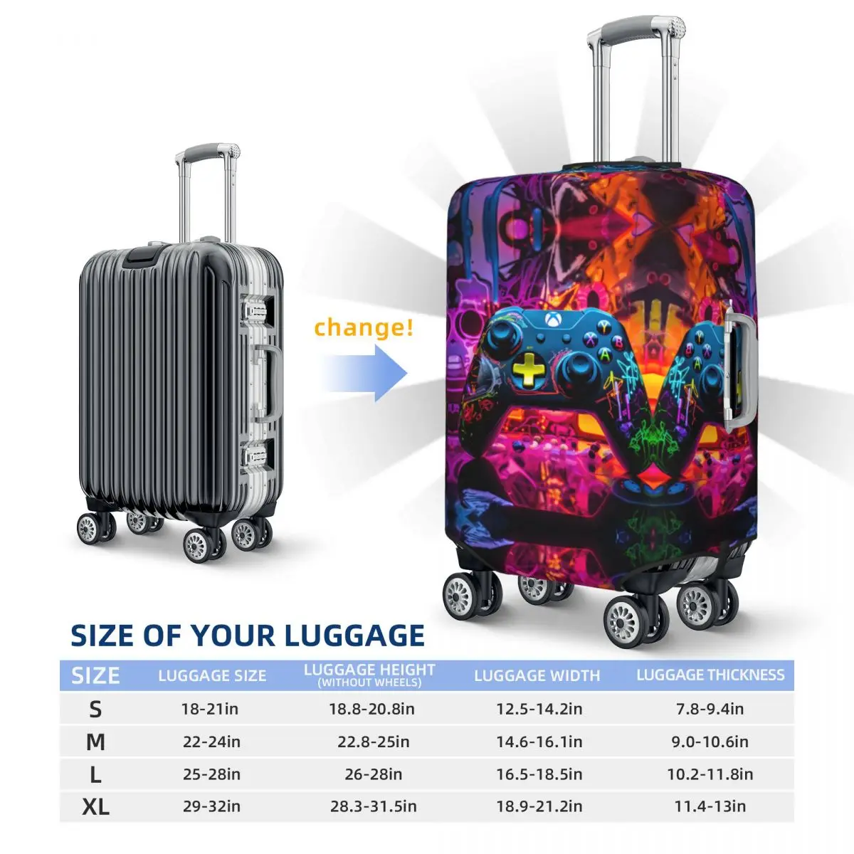 Gamer Controller Pattern Suitcase Cover Abstract Neon Art Business Vacation Elastic Luggage Case Protector 6