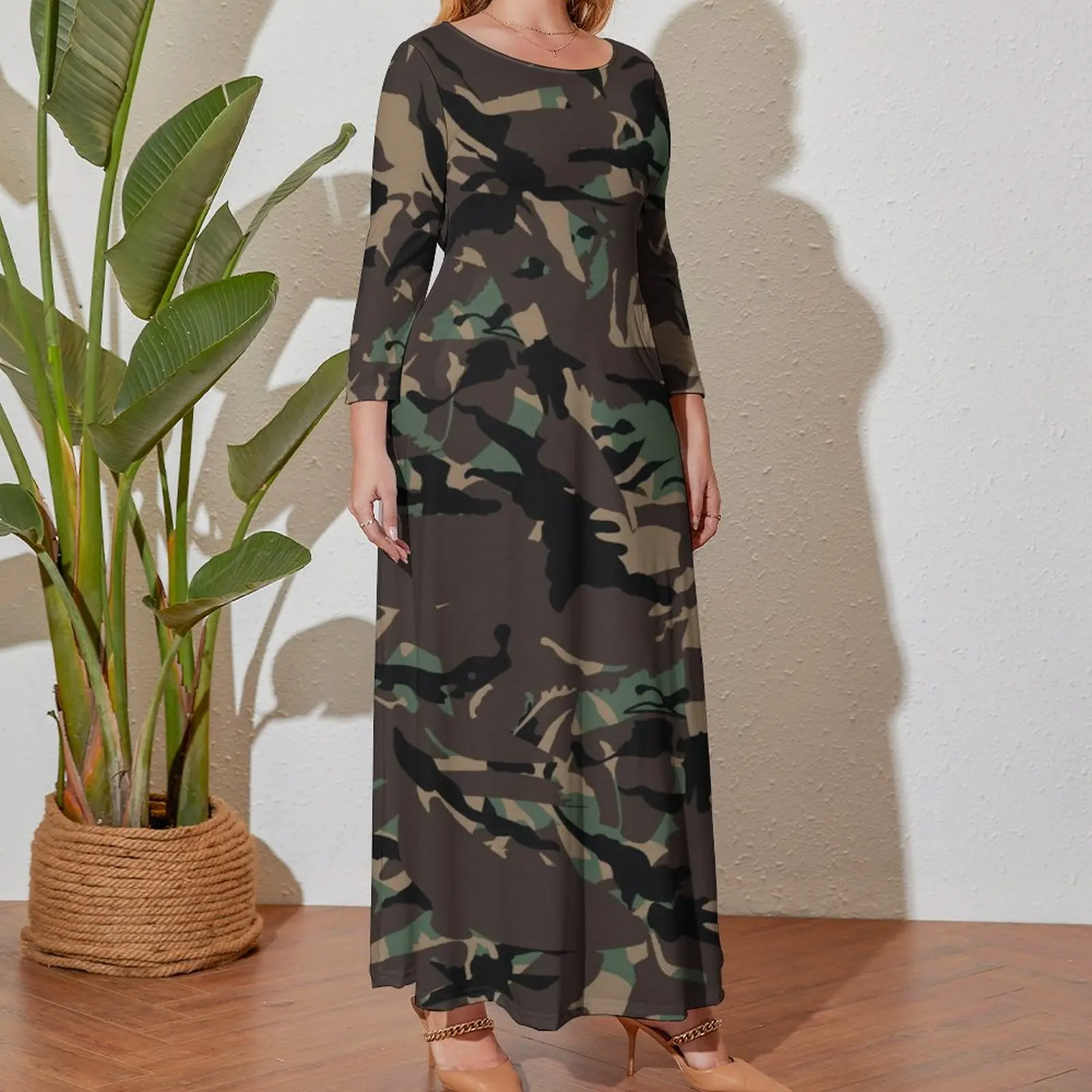 Camo Print Army Dress Long Sleeve Sloth Camouflage Elegant Maxi