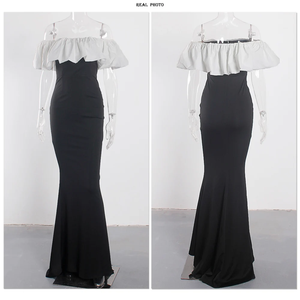 Black & Wihte Ruffles Slash Neck Long Cocktail Party Dresses Stretch DIY Off Shoulder Mermaid Maxi Graduation Dress New black evening dresses