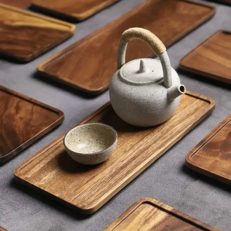 Rectangle Wooden Tea Tray Serving Table Plate Snacks Food Storage Dish for Hotel Home - Image 3