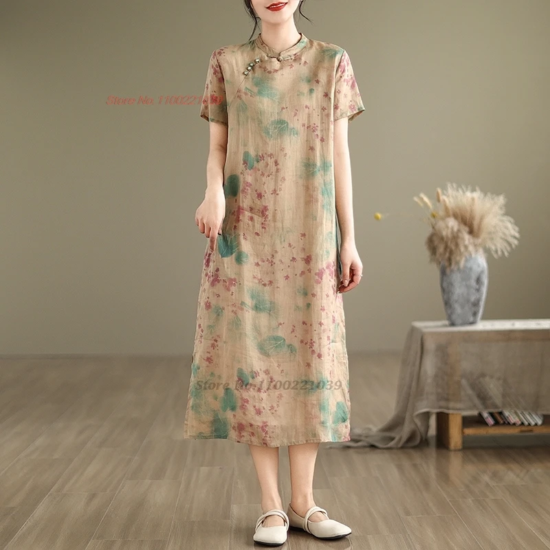 

2024 chinese vintage dress national flower print a-line dress cheongsam improved qipao dress traditional folk dress streetwear