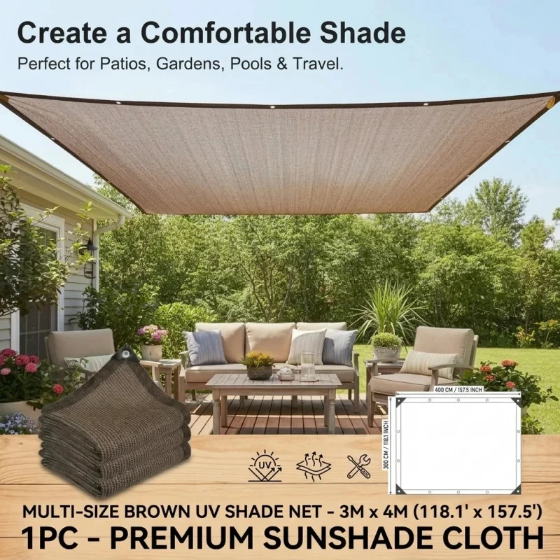 Large Brown UV Protection Shade Net - Heavy Duty Breathable Outdoor Canopy Cover