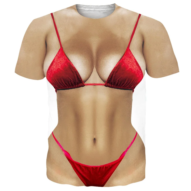 Funny Bikini Graphic T Shirts For Men 3d Printed Fake Abs Muscle Short Sleeve T-shirt Women Cosplay Costume Novelty Tees Shirt