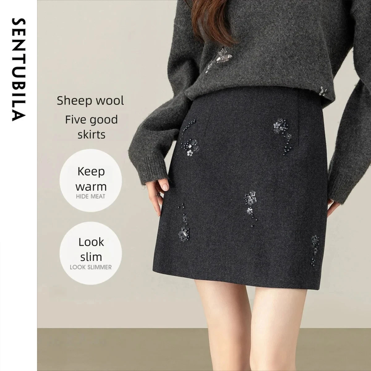 SENTUBILA Women's Wool A-Line Skirt 2026 Winter Elegant Commuting Hand Sewn Cluster Bead Flake Flower Skirt for Women 154QF3416
