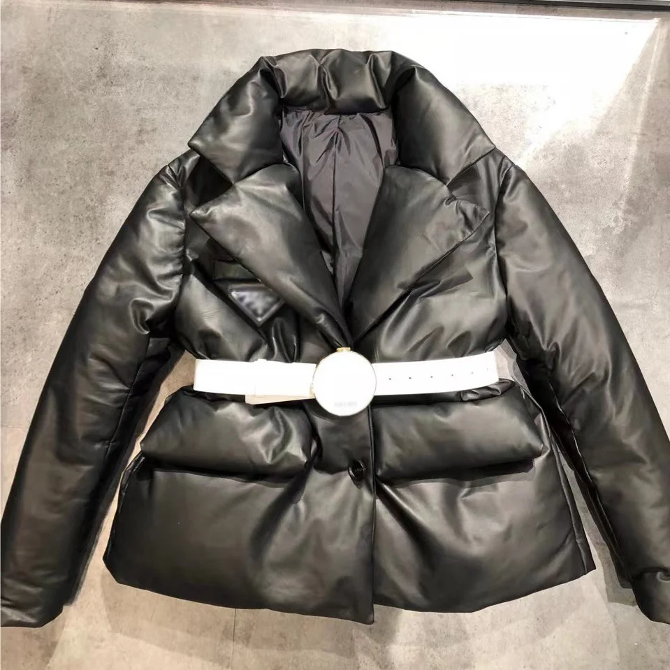 

2024Genuine leather jacket winter new loose fitting belt bread jacket short sheepskin down jacke
