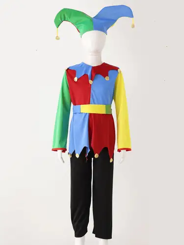 Girls Boys Clown Cosplay Costume Colorful Patchwork Circus Clown Dress with Hat Pants Halloween Carnivals Performance Outfit - Image 3