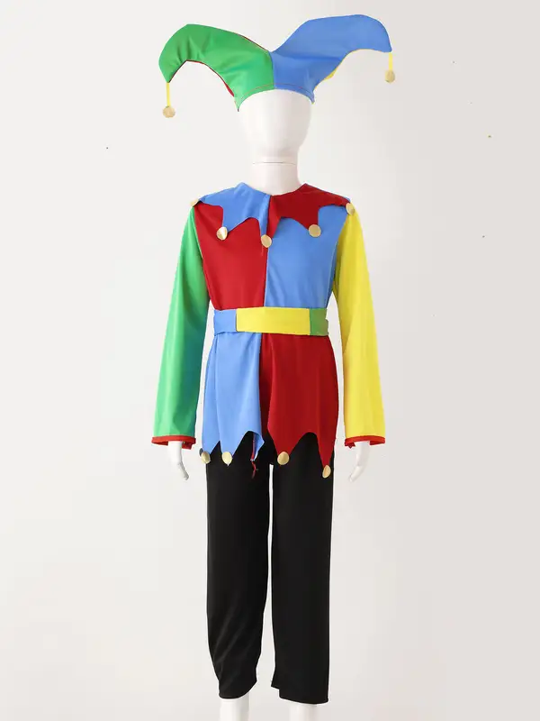 Girls Boys Clown Cosplay Costume Colorful Patchwork Circus Clown Dress with Hat Pants Halloween Carnivals Performance Outfit - Image 3