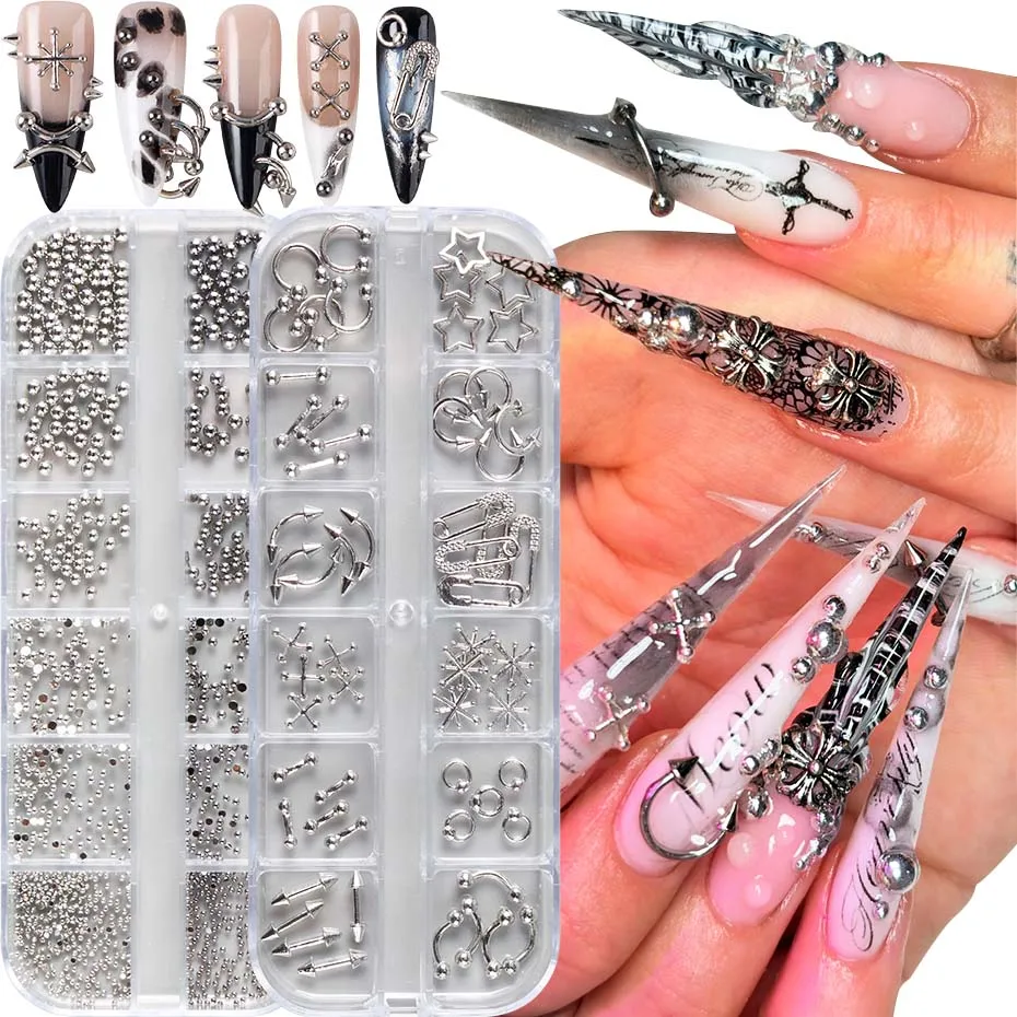 12 Grids Punk Silvery Gothic Punk Nail Charms Studs Metal Rivets Alloy Piercing Grunge DIY Nail Art Decoration Y2K Nail Supplies