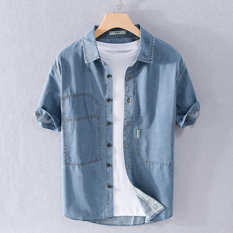 2022 Summer New Men's Short Sleeve Denim Jacket Japanese Simple Business  Casual Loose Shirt Male Soft Comfortable Branded Tops