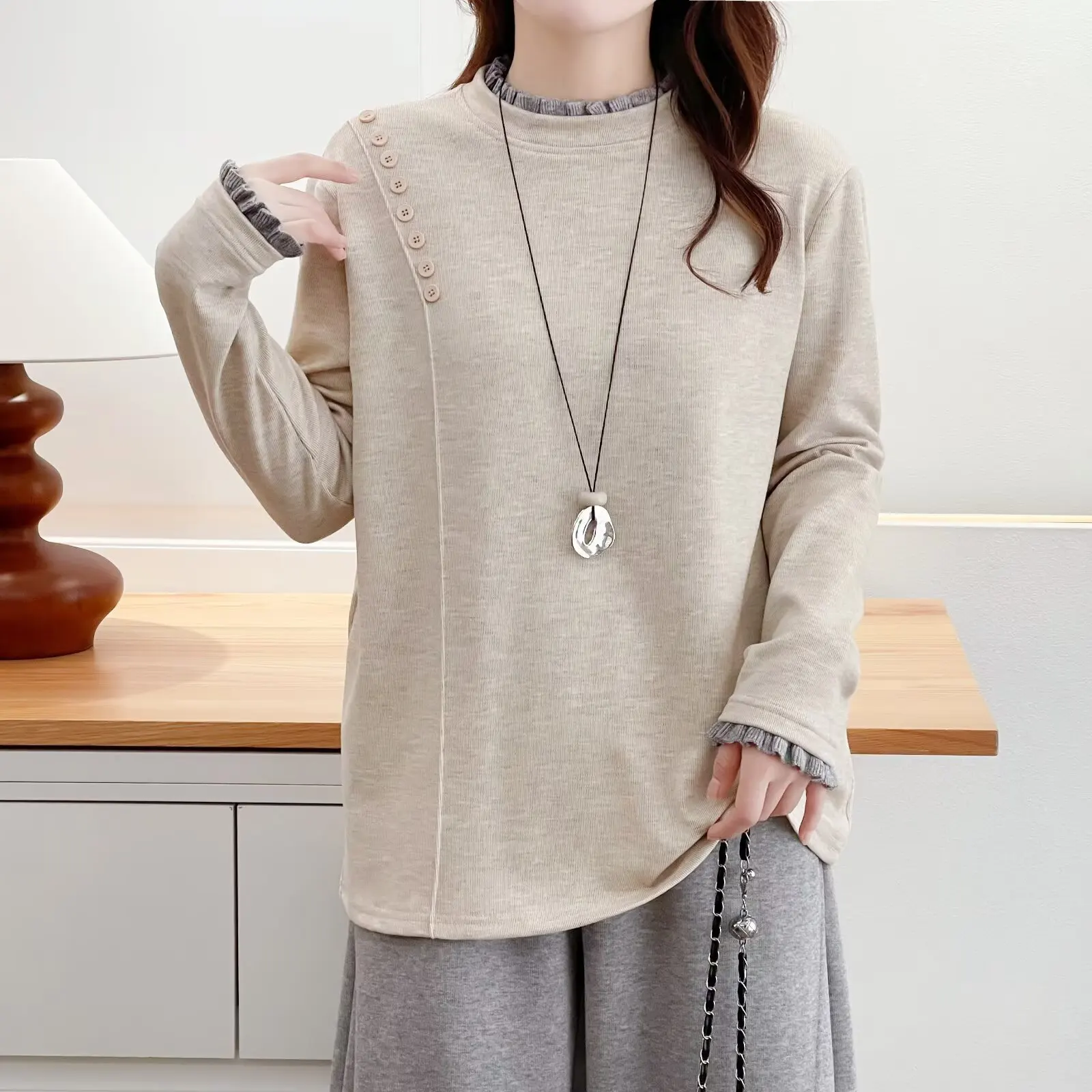 XXXXL Fashion Plus Size Women's T-Shirt New Autumn And Winter Fleece Warm Block Color Ruffled Collar Long Sleeved Basetops 831