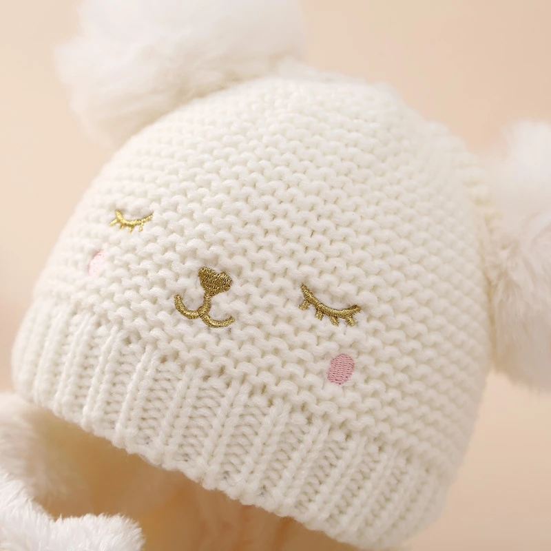 New Autumn Winter Baby Warm Hat Scarf Set Two Hair Balls Baby Hat Cartoon Knitted With Fleece Scarf Two-piece set