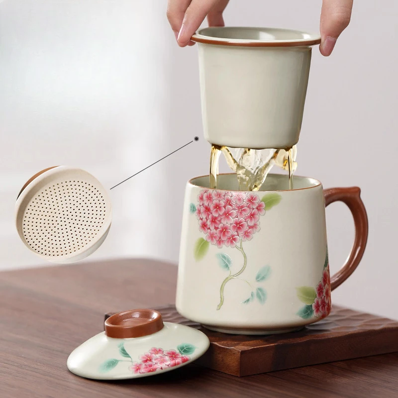 Chinese Style Ceramic Cartoon Floral Pattern Mug, Personal Creative Teacup, With Cover Filtered Tea Water Separation, 400ml, 1Pc