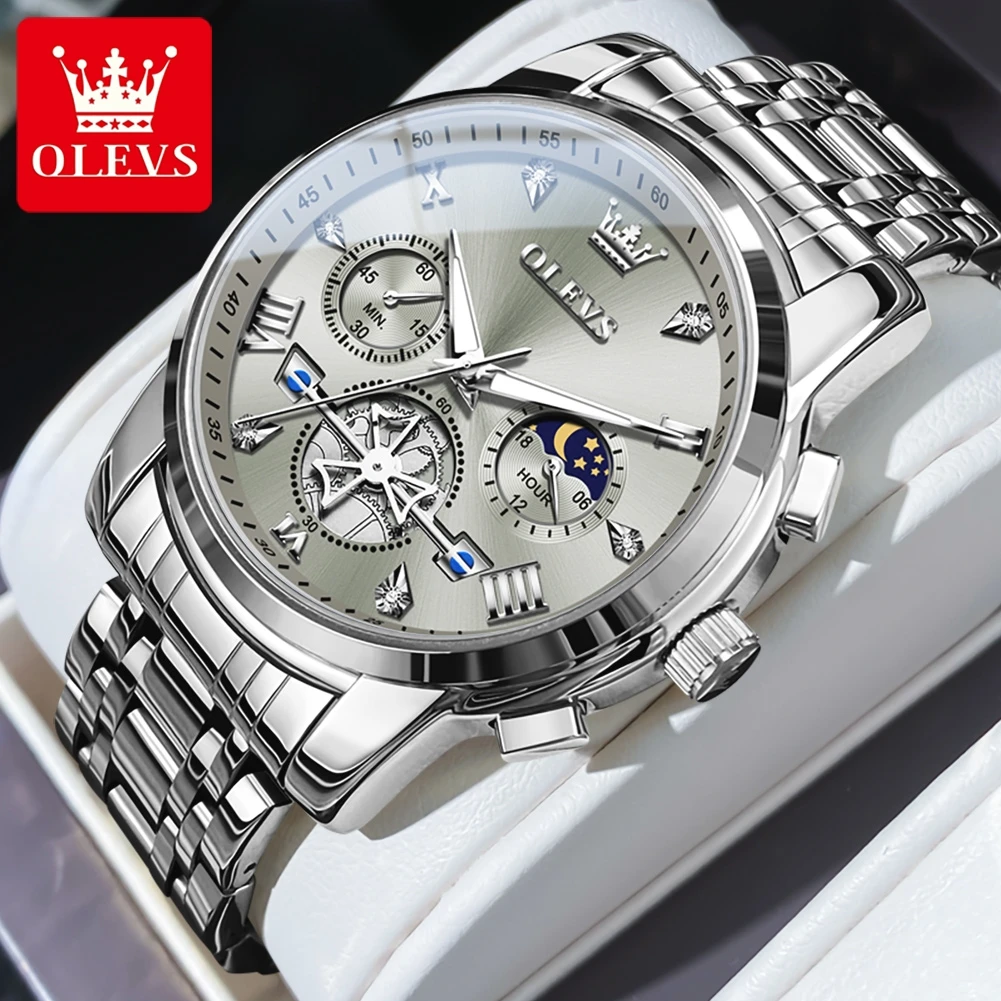 OLEVS Brand Luxury Moon Phase Chronograph Quartz Watch Men Stainless Steel Waterproof Luminous Fashion Tourbillon Mens Watches