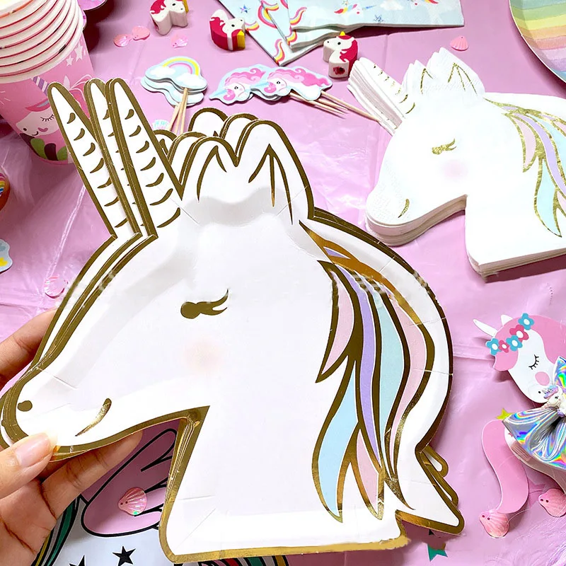 Stoviglie usa e getta unicorno forniture per feste unicorno piatti di carta  tovaglioli Happy Unicorn Birthday Party Decor Rainbow Horse Girl -  AliExpress