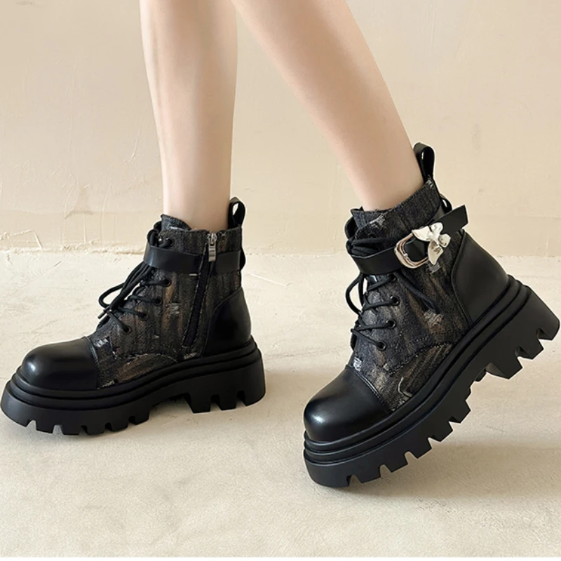 

Женские ботинки с круглым носком, водонепроницаемые ботинки на платформе и шнуровке, с пряжкой, разные цвета, осень 2023