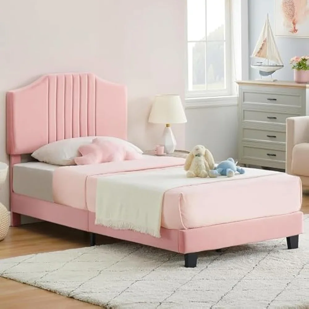 

Bed Frame Twin Size Pink With Headboard, Upholstered Twin Size Bed Frame Platform, Strong Wooden Slats Support, Velvet Fabric